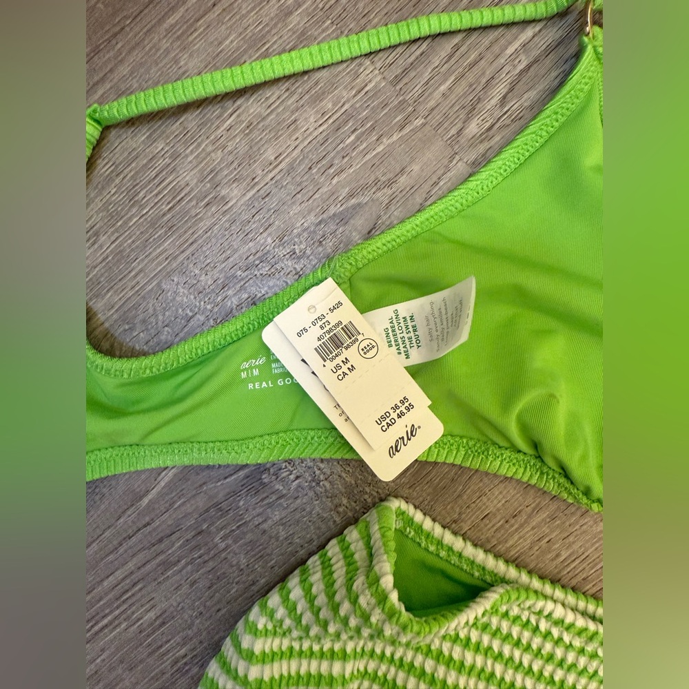 AERIE NWT GREEN RIBBED TANK STYLE BIKINI TOP STRIPED GREEN HIGH BOTTOMS- MED - Picture 4 of 5